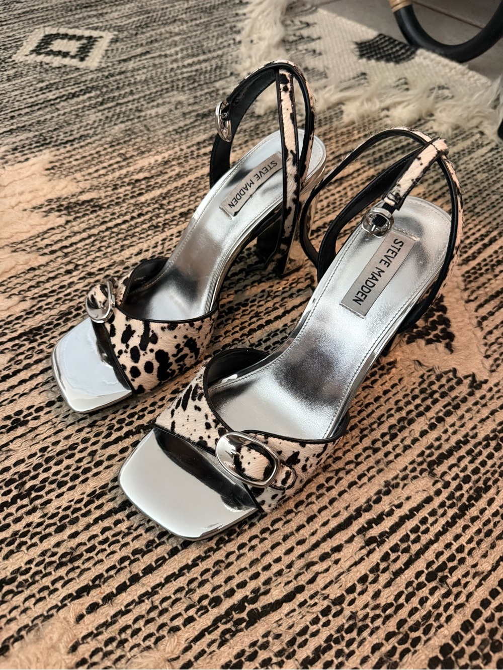 Steve Madden Animal-Print Slingback Heels in Black & Cream with Silver Accents